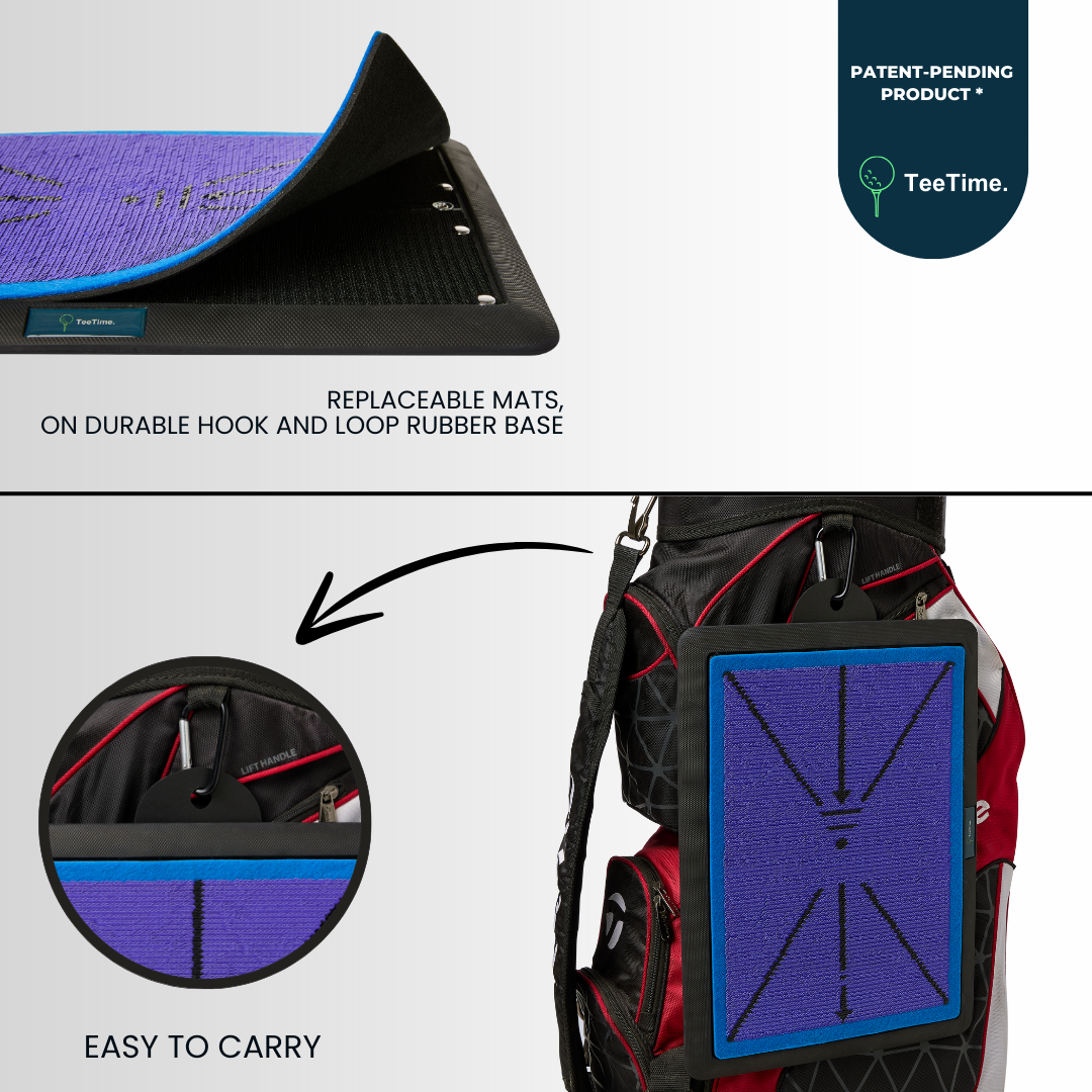 TeeTime Golf Practice Mat - Patent Pending - Versatile Swing Trainer with Interchangeable Surfaces, Dual-Tone Sequin Design - Ideal for Indoor/Outdoor Golf Training - Includes Carry Clip