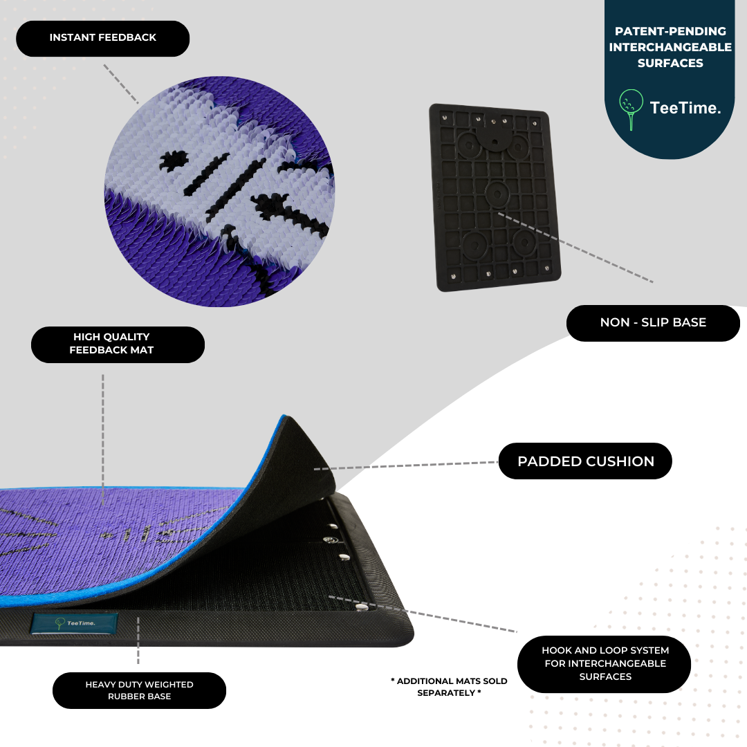 TeeTime Golf Practice Mat - Patent Pending - Versatile Swing Trainer with Interchangeable Surfaces, Dual-Tone Sequin Design - Ideal for Indoor/Outdoor Golf Training - Includes Carry Clip